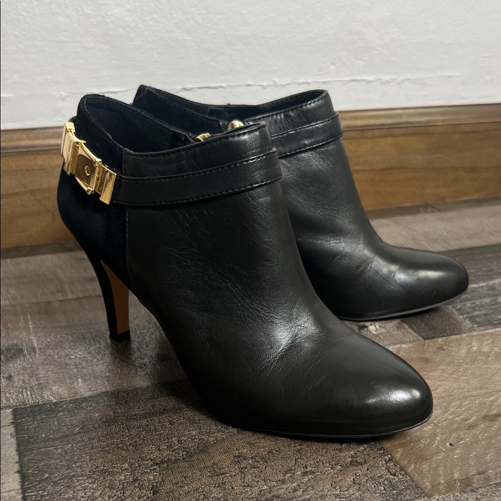 Vince Camuto Black Ankle Boots with Gold Buckle